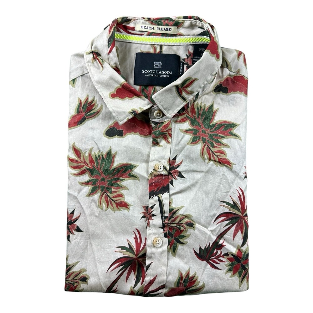 Scotch & Soda Tan Palm Tree Lightweight Cotton LS Button Front Shirt Mens Small